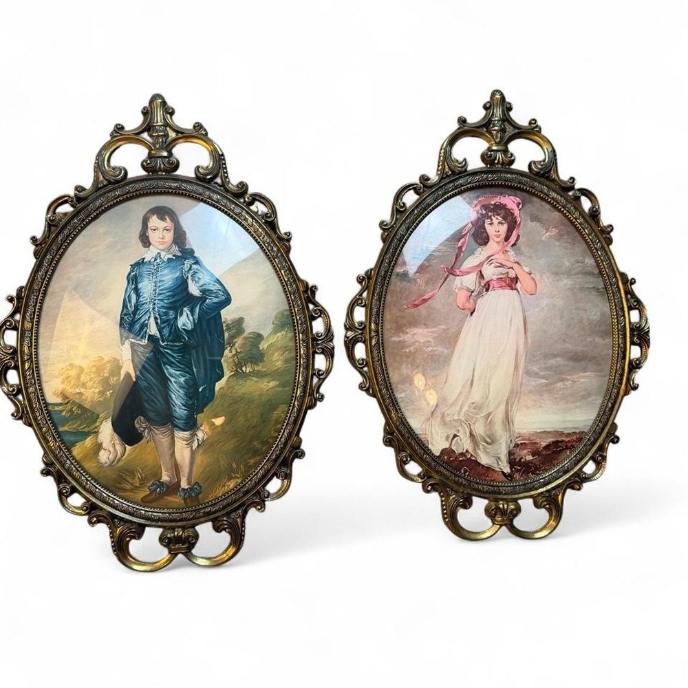 Set of 2 Ornate Bronze Metal Oval Picture Frames Pinky And Blue Boy Prints 17 in